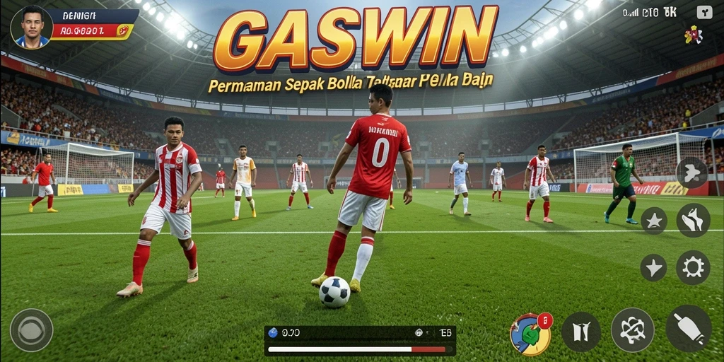 Tangkapan layar gameplay GASWIN yang menampilkan aksi sepak bola mendebarkan.