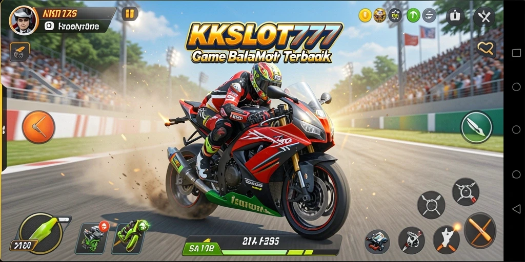 Tangkapan layar gameplay KKSLOT777 menampilkan balapan yang mendebarkan dan aksi motor yang seru.