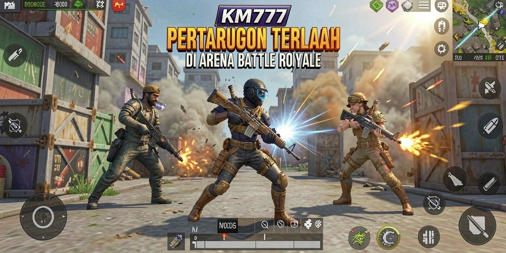 Tampilan gameplay KM777 dengan aksi pertempuran seru.