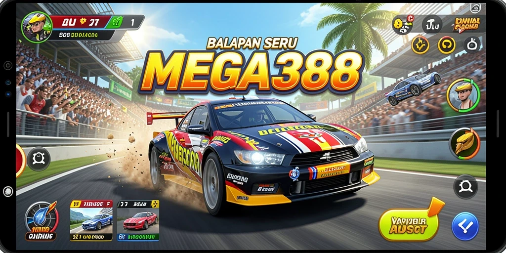 Tangkapan layar utama MEGA388 menampilkan aksi balapan yang menegangkan.