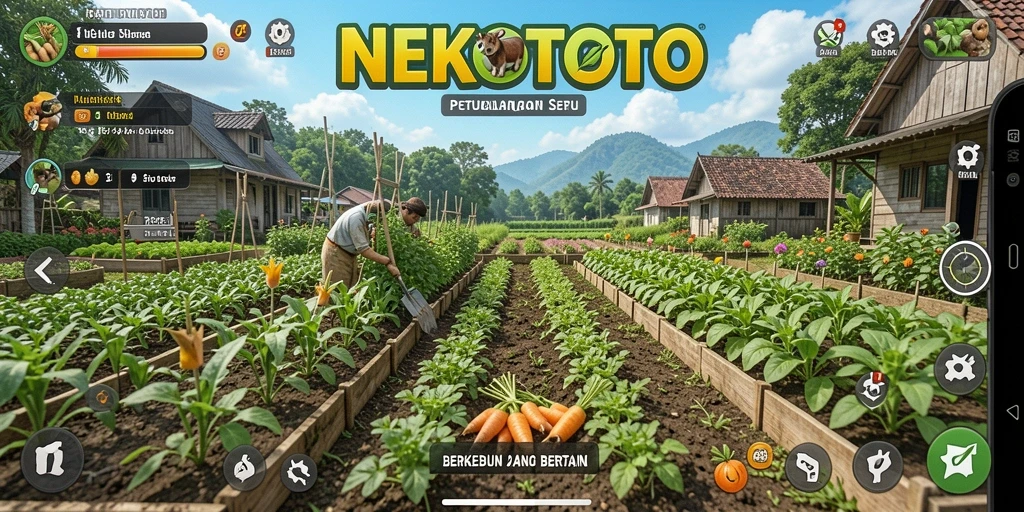 Screenshot NEKOTOTO menampilkan ladang hijau subur dan berbagai tanaman.