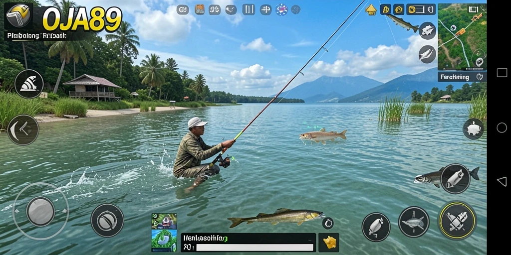 Screenshot gameplay OJA89 menampilkan suasana memancing yang seru.