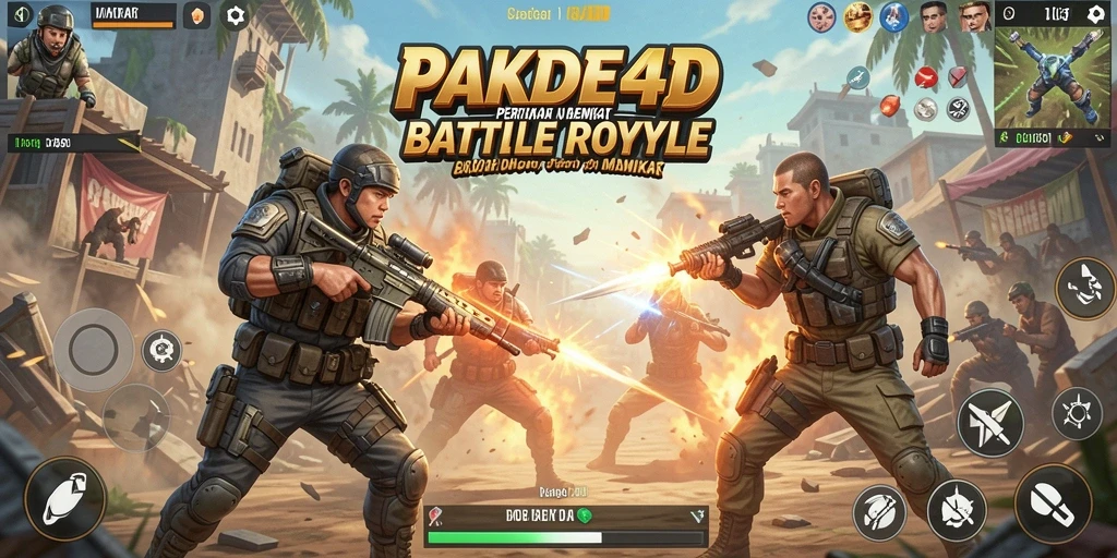 Screenshot utama menampilkan aksi pertarungan intens di arena Battle Royale.