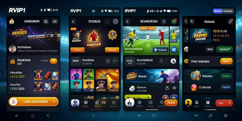 Tangkapan layar utama RVIP1 menunjukkan tampilan antarmuka aplikasi Sportsbook yang menarik.