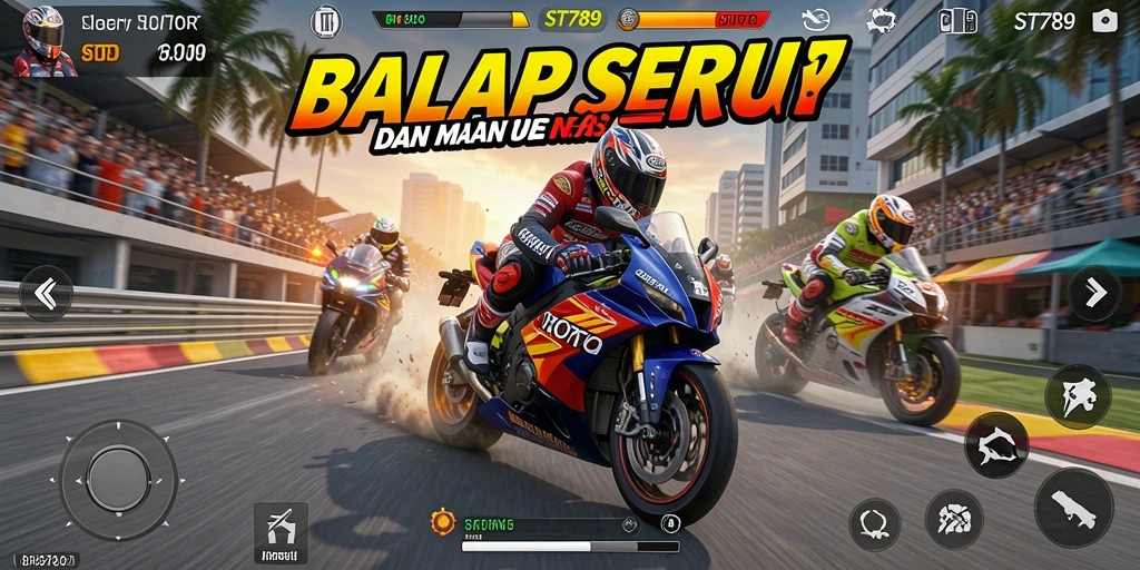 Tampilan gameplay ST789 saat balapan motor yang mendebarkan.