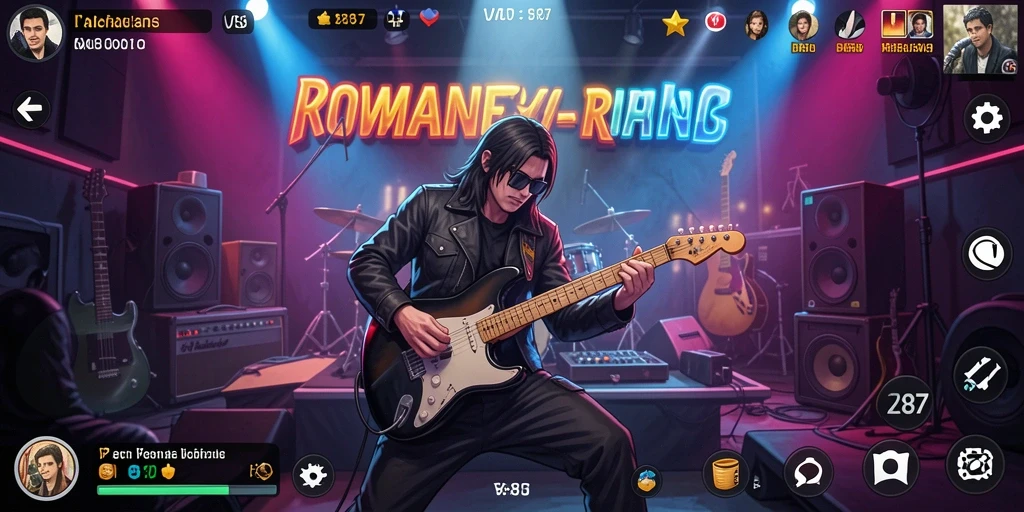 Tampilan gameplay V87 dengan alat musik yang interaktif.