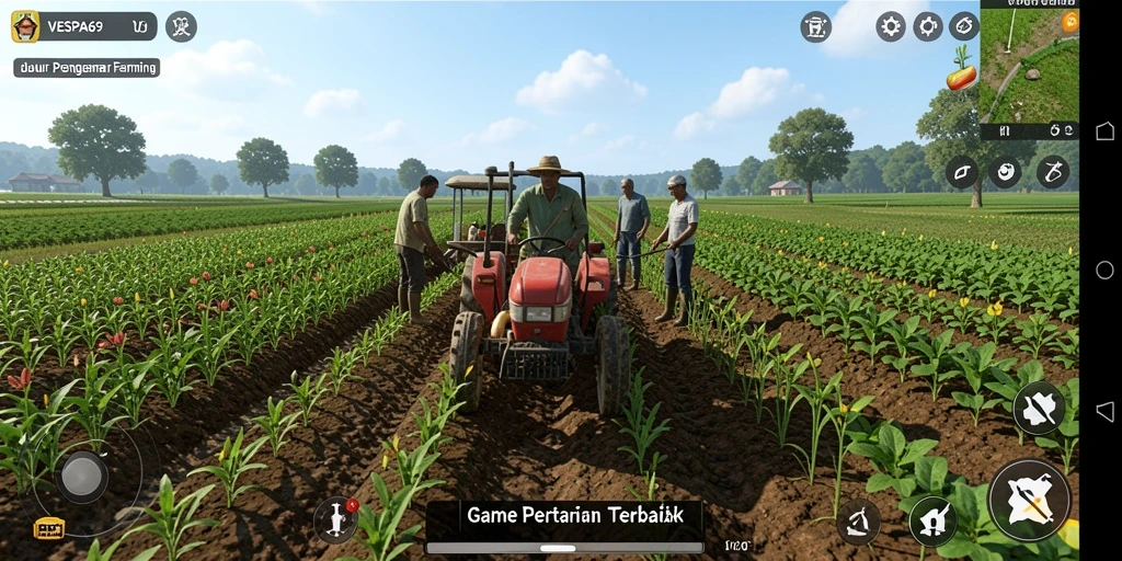 Tampilan gameplay VESPA69 yang menampilkan kebun subur dan petani sibuk.
