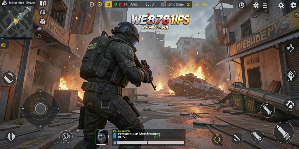 Tangkapan layar utama WE878 menunjukkan aksi pertempuran yang intens dalam mode FPS.